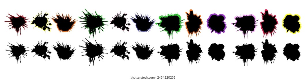 Paint blobs and daubs, black watercolor blots and blotches. Vector grunge texture scribbles, abstract dash lines or brushstrokes dabs, ink smear smudges and stains traces set with grunge texture.