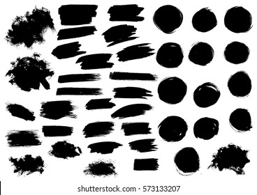 Paint blobs and daubs, black watercolor blots and blotches. Vector grunge texture scribbles, abstract dash lines or brushstrokes dabs, ink smear smudges and stains traces set with grunge texture