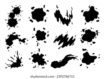 Paint blot icon set. Splashes set for design use. Colorful grunge shapes collection. Dirty stains and silhouettes. Black ink splashes