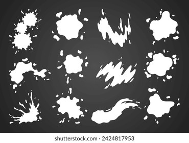 Paint blot icon set. Splashes set for design use. Colorful grunge shapes collection. Dirty stains and silhouettes. White ink splashes on dark background