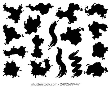 Paint blot icon set. Splashes set for design use. Grunge shapes collection. Dirty stains and silhouettes. Black ink splashes