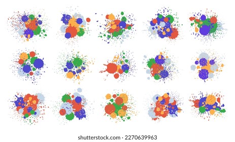 Paint blots. Abstract paint splatter drops, colorful ink spray paint splash flat vector illustration set