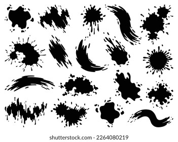 Pintar manchas. Pincel de pintura aislado creativo, trazos o manchas. Manchas abstractas de forma de manchas de tinta con textura. Elementos de diseño gruesos. Colección de diferentes gotas