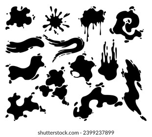 Pintar manchas. Pincel de pintura aislado creativo, trazos o manchas. Manchas abstractas de forma de manchas de tinta con textura. Elementos de diseño gruesos. Colección de diferentes gotas