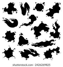 Paint blots. Creative isolated paint brush strokes or spots. Ink smudge abstract shape stains set with texture. Grunge design elements. Collection of different drops