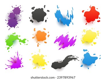 Paint blots. Splashes set for design use. Colorful grunge shapes collection. Dirty stains and silhouettes. Color ink splashes with shadow