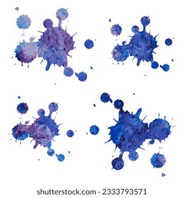 Paint blots with watercolor background texture. Set of blue-violet watercolor stains. Design elements shape splashes, drops and spots. Vector illustration isolated on white background
