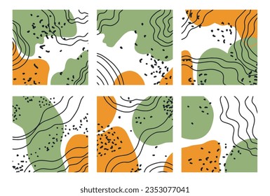 Paint blots and wavy lines in abstract composition or print samples. Curves and dots, shapes and stylish representation of cover or background. Art cut in several pieces. Vector in flat style