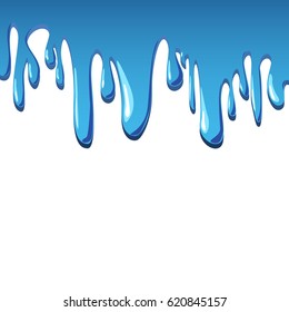 The paint of blue color flows in large jets and drops on a white background and there is free space for text