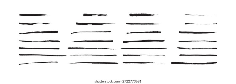 Pinte traçados de pincel em negrito. Tinta preta mão desenhada grossa, linhas grunge finas formas abstratas, manchas. Sobreposição, texturas, design de pincéis. Ilustração vetorial.