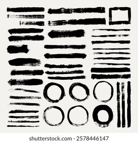 Paint bold dry black brush strokes, hand drawn thick grunge lines, rectangle, circles shapes set. Sketchy bold grunge lines. Vector brush strokes, ink, banners, frame text. Marker highlight underline.