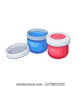 Paint bottles set vector illustration. Cartoon isolated gouache paint in round plastic jars with red and blue pigment, open and closed cap, small containers for craft hobby of painter, school supplies