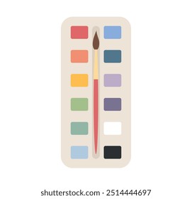 Paint box with paint brush isolated on white background. Color palette. Painting tools, art supplies. Vector illustration