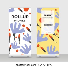 Paint brush Abstract Shapes Modern Exhibition Advertising Trend Business Roll Up Banner Stand Poster Brochure flat design template creative concept. Paint Roll Up EPS. Presentation