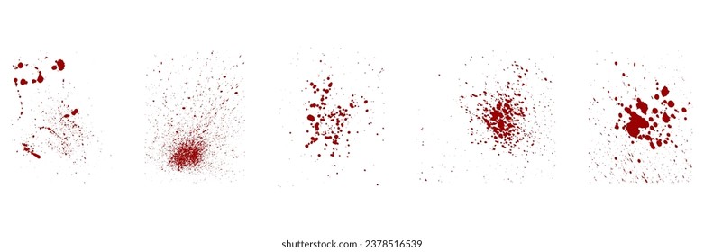 Colección Splatter Resumen de Pincel de pintura. Juego de manchas de sangre. Splat Rojo, Textura Grunge. Soltar Spatter, Pulverizador De Tinta. La mancha de sangre del horror se extiende sobre fondo blanco. Ilustración de vectores aislados.