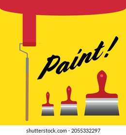 A paint brush advertisement with three different brush sizes and a roller with red paint on a wall square vector