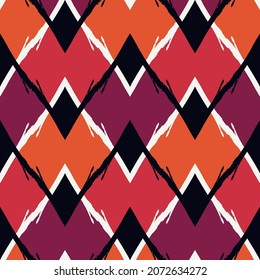 Paint brush argyle seamless pattern. Freehand ikat design classic geometric ornament. Diamond motif geo background. Trendy handdrawn print. Modern artistic hand drawn abstract vector wallpaper
