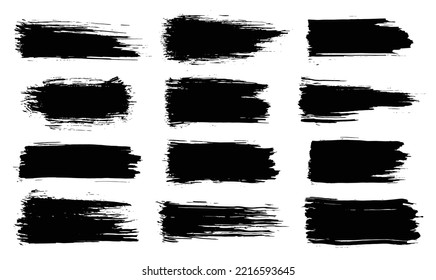 Paint brush. Black ink grunge brush strokes. Vector paintbrush set. Grunge design elements. Painted ink stripes. Creative isolated spots. Ink smudge abstract shape stains and smear set