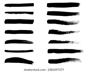 Paint brush. Black ink grunge brush strokes. Vector paintbrush set. Grunge design elements. Painted ink stripes. Creative isolated spots. Ink smudge abstract shape stains and smear set
