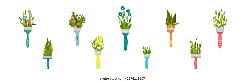 Pincel de pintura con un conjunto de vectores de flora y follaje en flor