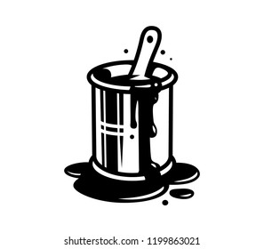 Paint brush in bucket can template in vintage monochrome style isolated vector illustration