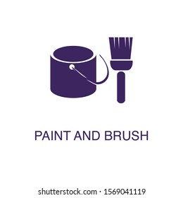 Paint brush and bucket element in flat simple style on white background. Paint brush and bucket icon, with text name concept template