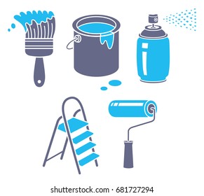 Paint brush, bucket, spray can, ladder and roller, vector icons set isolated