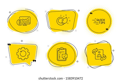 Paint brush, Checklist and Technical algorithm signs. Chat bubbles. Recovery gear, Bitcoin chart and Education line icons set. Backup info, Cryptocurrency statistics, Quick tips. Creativity. Vector