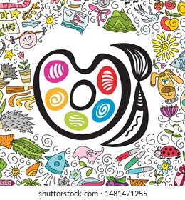 Paint brush and children's drawings. Vector illustration