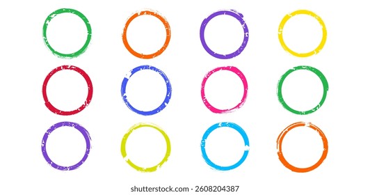 Paint brush circle, colorful crayon stain grunge texture, cup chalk mark, round charcoal trace isolated on white background. Watercolor abstract border. Bright pastel vector illustration