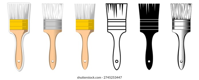 Paint brush collection icon set with lineart outline sticker silhouette and realistic flat vector styles for art creative projects house renovation and home improvement DIY design.