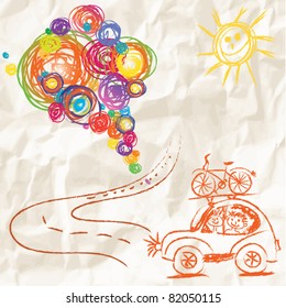 Paint brush with color lines on crumpled paper - travel creative child painting vector design