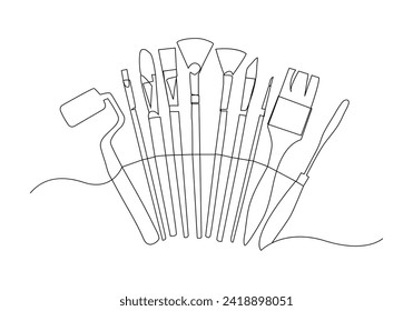 Paint brush in Continuous one line drawing. Artsy brushes and painting palette one line drawing vector illustration isolated on white background
