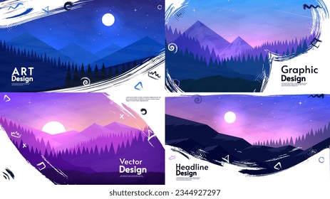 Paint brush cover in foreground. Design for background, banner, poster, invitation. Set of horizontal landscapes. Vector illustration. 