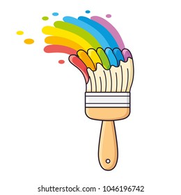 Paint brush with different colors and rainbow stroke splash isolated