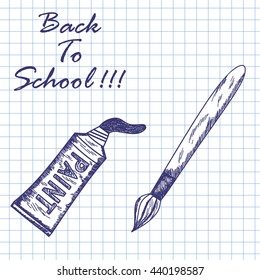 Paint and brush. Doodle sketch on checkered paper background. Vector illustration.