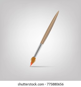 Paint brush for drawing with orange paint realistic isolated on gray background.