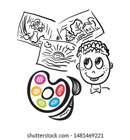 Paint brush drawings and boy. Vector illustration