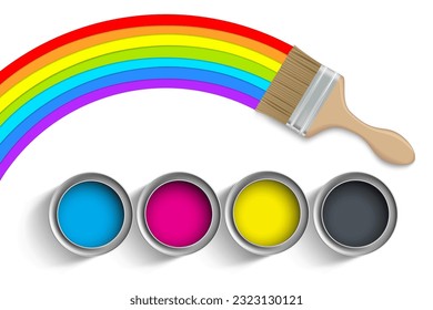 Paint brush draws a rainbow. CMYK ink in paint cans. Color pigments isolated on white background. vector illustration