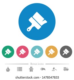 Paint brush flat white icons on round color backgrounds. 6 bonus icons included.
