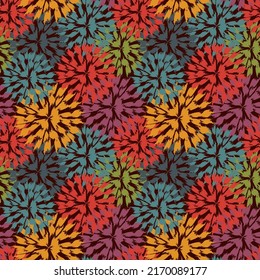 Paint brush floral seamless pattern. Garden flowers, firework, circle motif background. Brushstrokes design print. Freehand artistic ornament. Handdrawn texture. Hand drawn abstract vector wallpaper