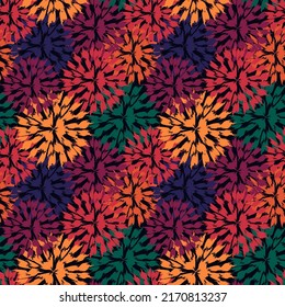 Paint brush floral seamless pattern. Garden flowers, firework, circle motif background. Brushstrokes design print. Freehand artistic ornament. Handdrawn texture. Hand drawn abstract vector wallpaper
