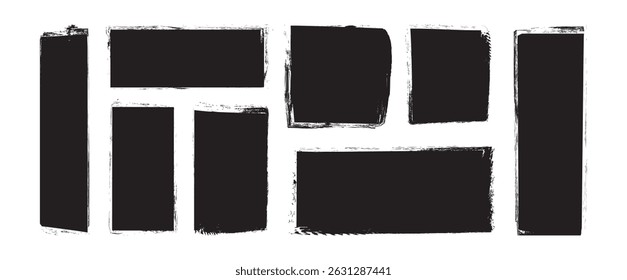 Paint brush frame, square and rectangle shape crayon, rough edge border, tear label, black rip patch, old jagged text box, cut banner isolated on white bg. Charcoal tattered sheet. Vector illustration