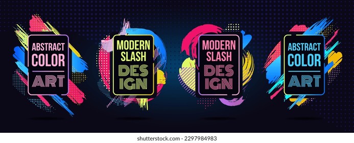 Dibujar marcos de pincel. Folleto musical, etiquetas de bebidas. Diseño de pintura y logo, elementos de motivación coloridos, arte abstracto. salpicaduras brillantes con espacio de copia. Plantilla de carteles gráficos de Vector actual