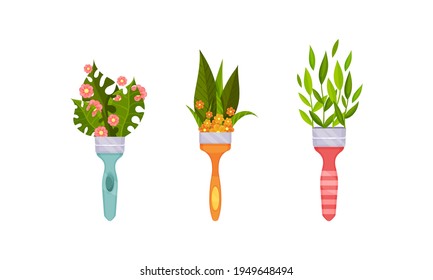 Pincel de pintura con uva y flores depositadas en el conjunto de vectores de TI