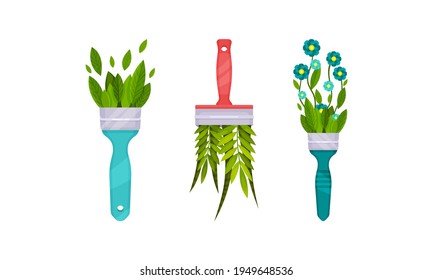 Paint Brush with Grass and Flowers Rested in It Vector Set