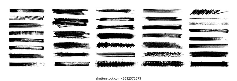 Paint brush and grunge stroke graphic set. Black and white Brush stroke isolated on white background, silhouettes in dirty style, spray effect, splashes, drops, paint drips. Vector graphic collection	