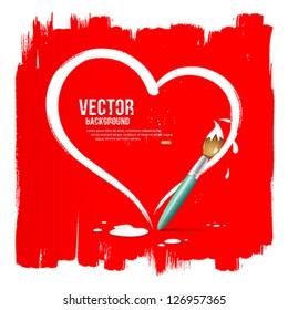 Paint brush heart shape on red background, vector illustration