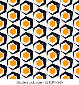 Paint brush hexagons. Hand drawn honeycombs background. Hexahedrons wallpaper. Hives motif. Geometric backdrop. Ethnic digital paper. Web designing. Textile print. Seamless pattern. Vector art work