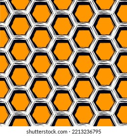 Paint brush hexagons. Hand drawn honeycombs background. Hexahedrons wallpaper. Hives motif. Geometric backdrop. Ethnic digital paper. Web designing. Textile print. Seamless pattern. Vector artwork.